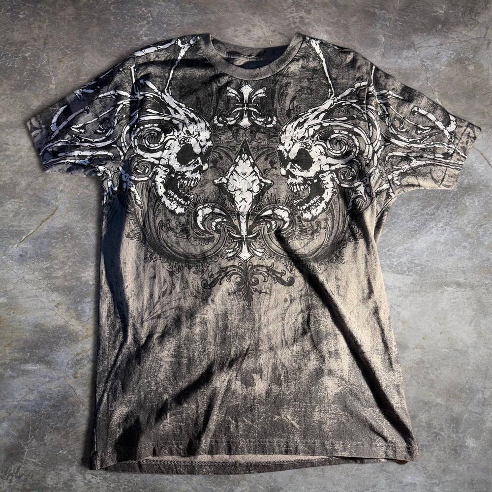 Eighty Eight Brand Skull Fleur De Lis Graphic T-Shirt Mens XL Y2K Gothic Black